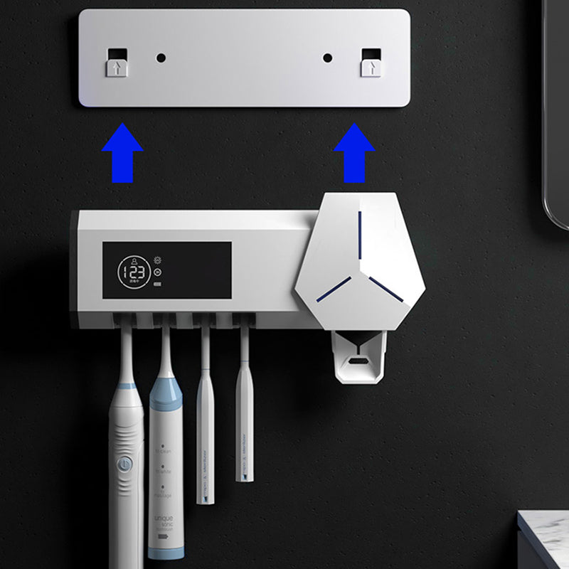 Toothbrush sanitizer holder is wall-mounted and does not require drilling holes.